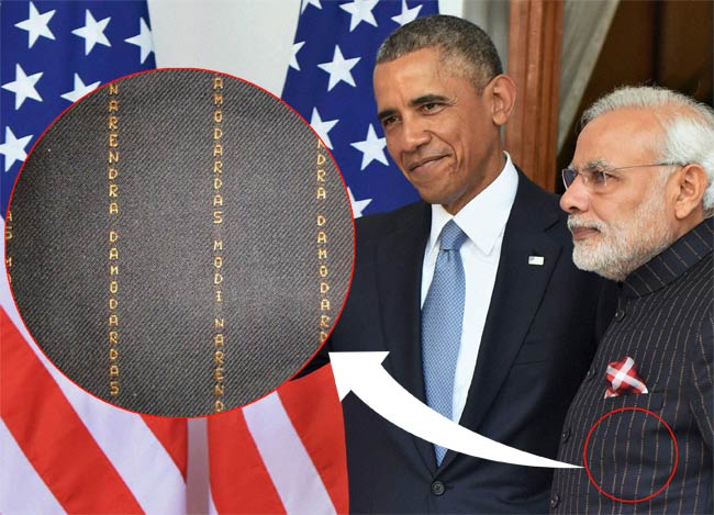 Indian PM Modi Wears Suit Embroidered With His Own Name to Greet U.S. President Obama