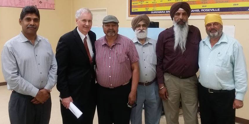 Congressman McClintock poses with community leaders, including from left to right: Mike Boparai, M.R. Paul of Bhim Rao Ambedkar Sikh Foundation, Baljraj Singh Randhawa (President of Roseville Gurdwara), Manjit Singh Uppal, and another member of Roseville Gurdwara.
