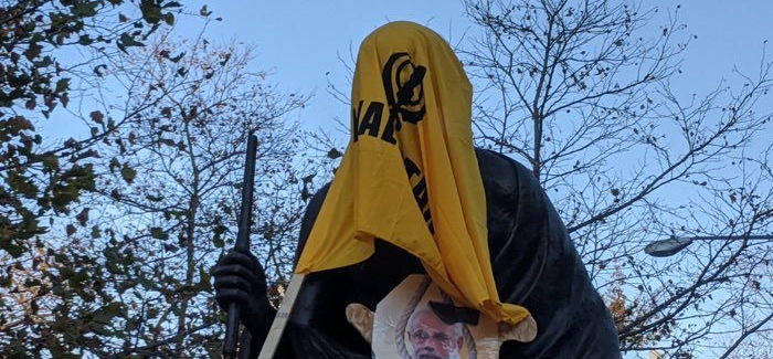 Racist Gandhi’s statue defaced once again in Washington DC, this time in support for farmers in India.